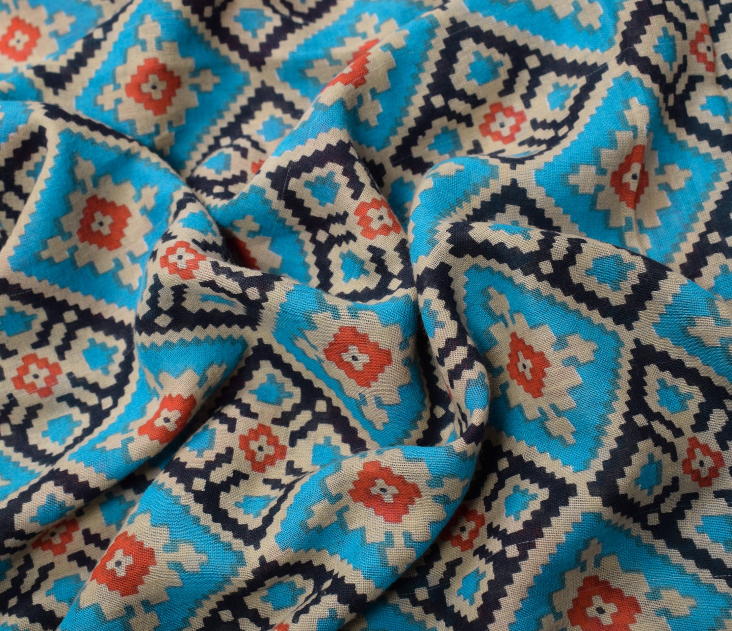 Sushila Vintage Turquoise Blue Scrap Saree Pure Cotton Printed Sari Craft Fabric