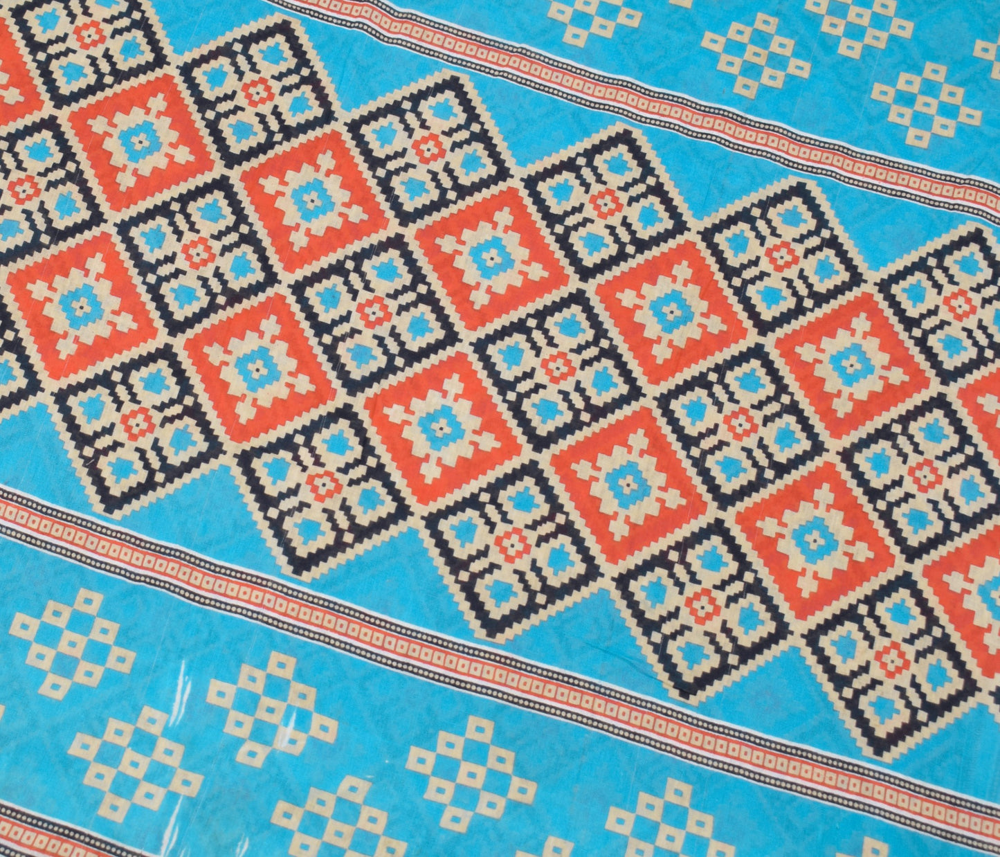 Sushila Vintage Turquoise Blue Scrap Saree Pure Cotton Printed Sari Craft Fabric