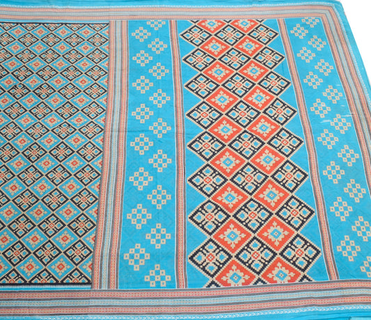 Sushila Vintage Turquoise Blue Scrap Saree Pure Cotton Printed Sari Craft Fabric
