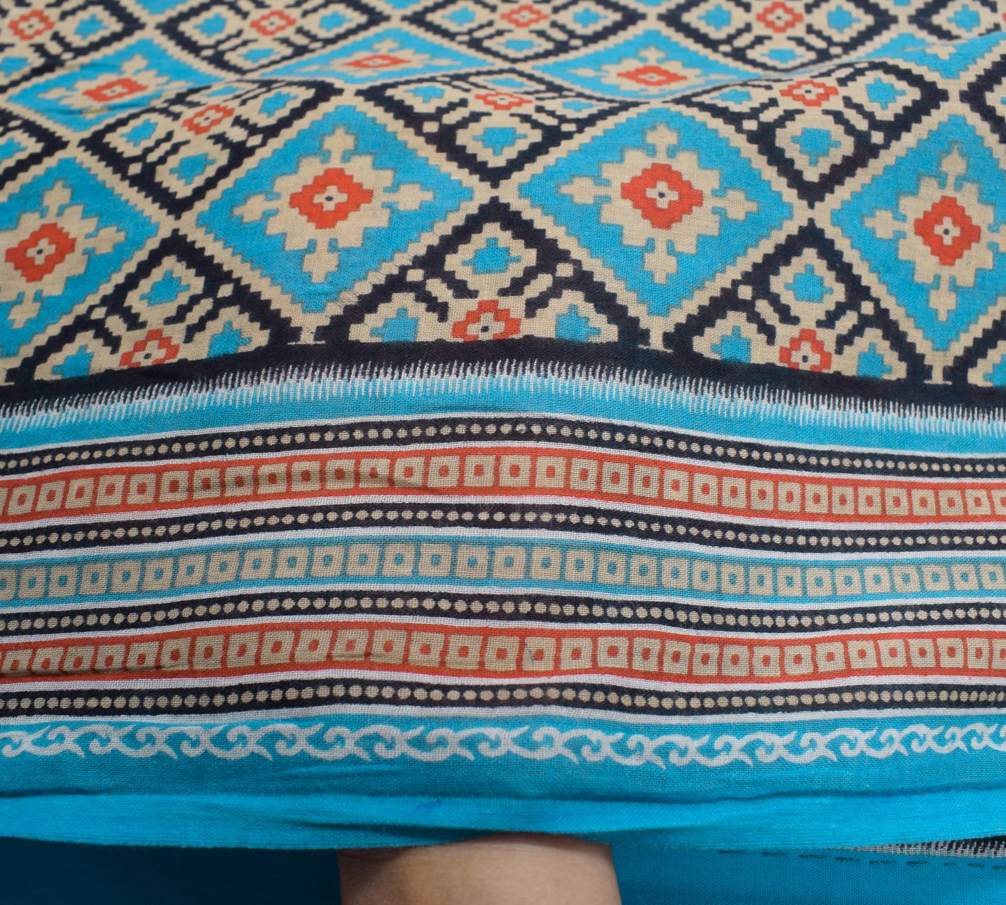 Sushila Vintage Turquoise Blue Scrap Saree Pure Cotton Printed Sari Craft Fabric
