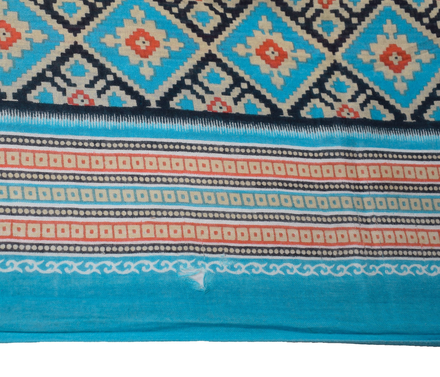 Sushila Vintage Turquoise Blue Scrap Saree Pure Cotton Printed Sari Craft Fabric
