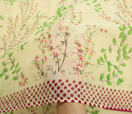 Sushila Vintage Light Yellow Scrap Saree Pure Cotton Hand Block Printed Fabric