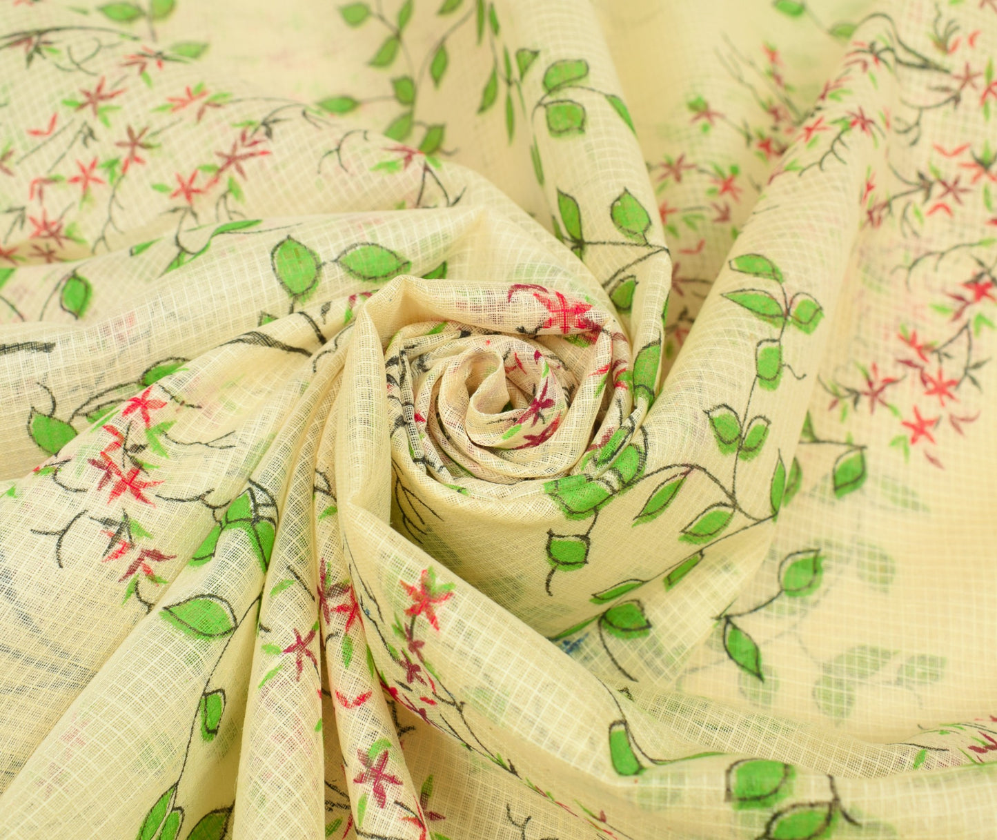 Sushila Vintage Light Yellow Scrap Saree Pure Cotton Hand Block Printed Fabric