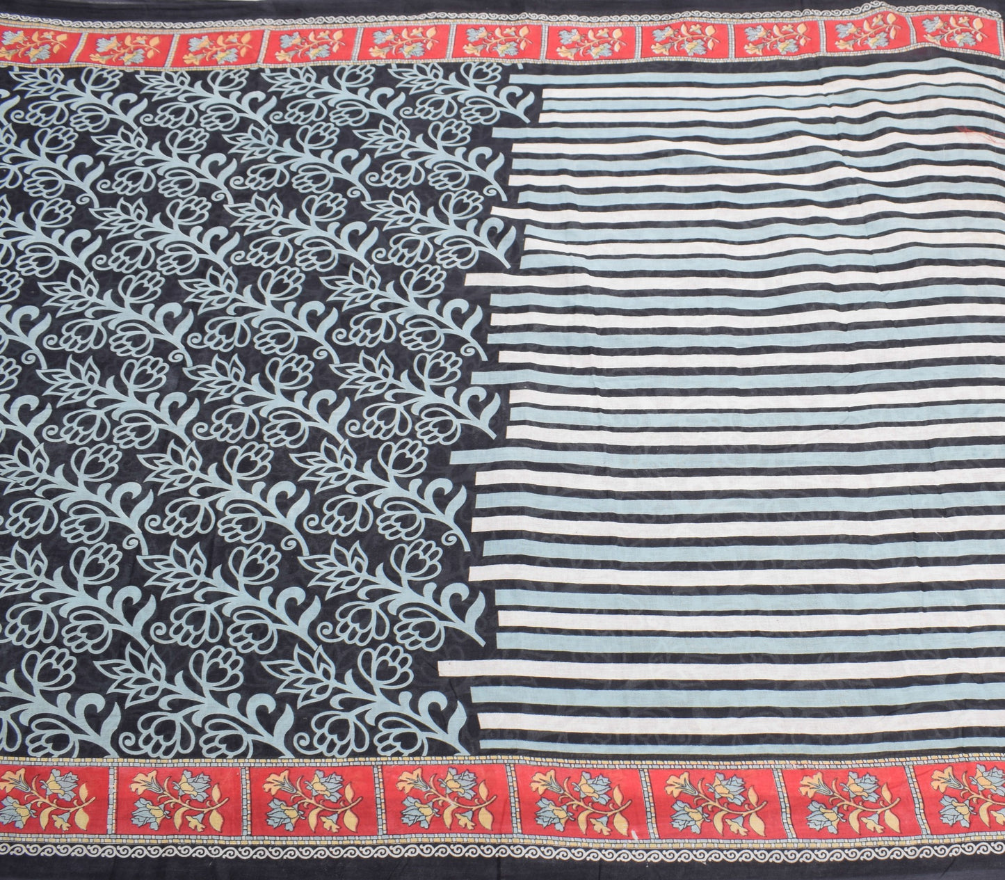 Sushila Vintage Craft Scrap Saree Pure Cotton Printed Floral Black Sari Fabric