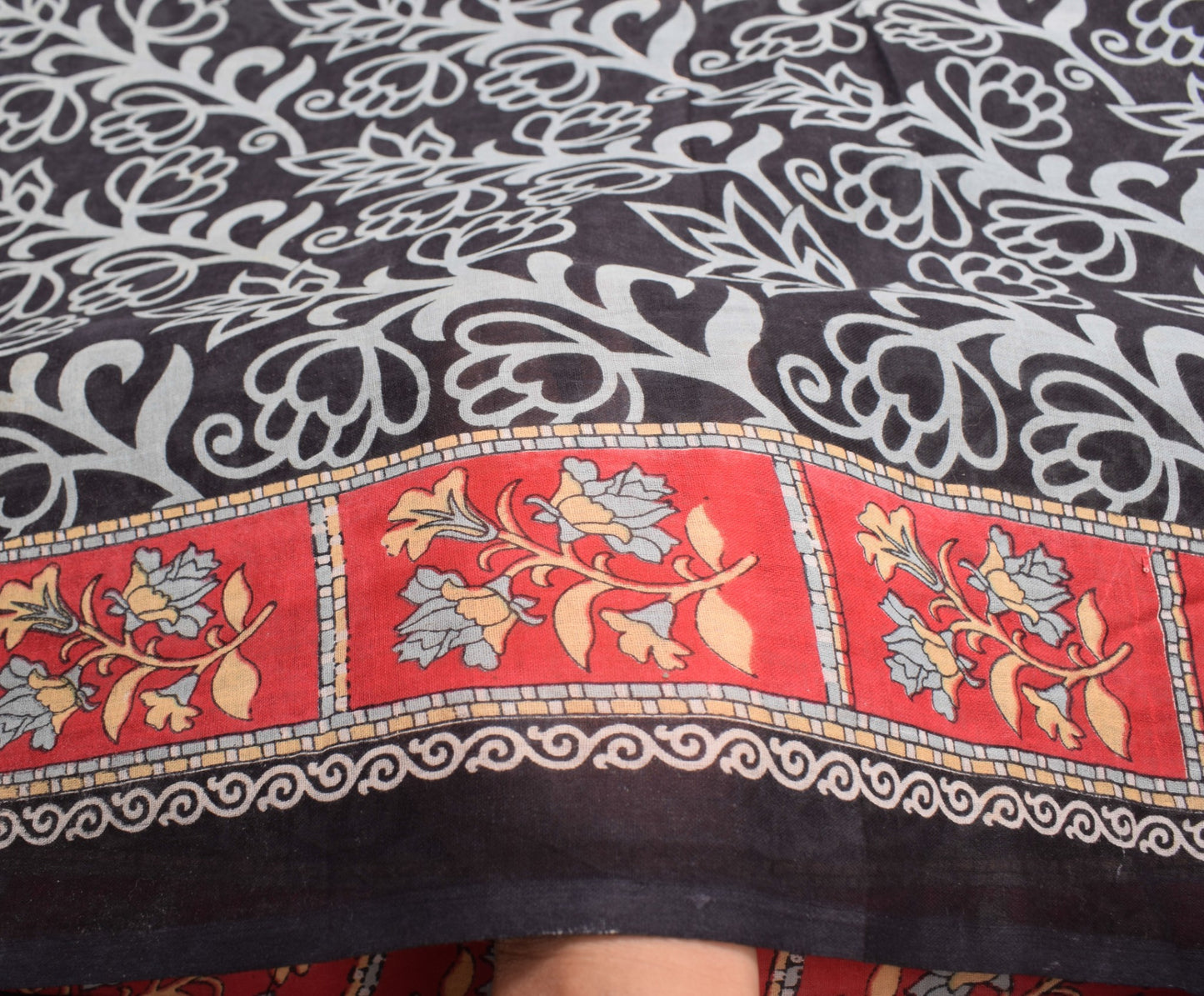 Sushila Vintage Craft Scrap Saree Pure Cotton Printed Floral Black Sari Fabric