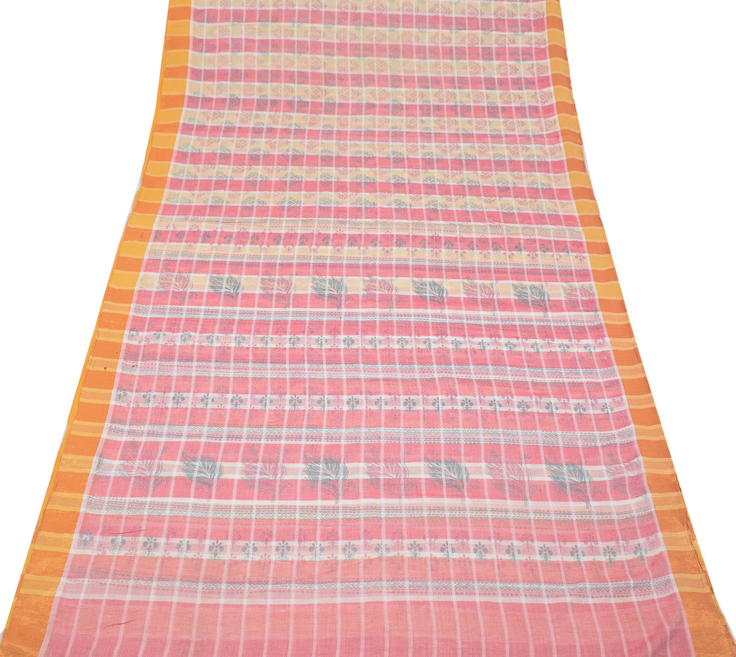 Sushila Vintage Checks Scrap Saree Pure Cotton Printed & Woven Sari Craft Fabric