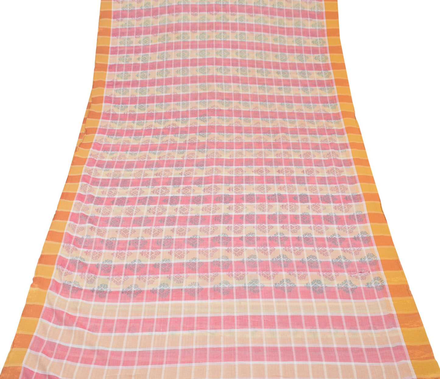 Sushila Vintage Checks Scrap Saree Pure Cotton Printed & Woven Sari Craft Fabric