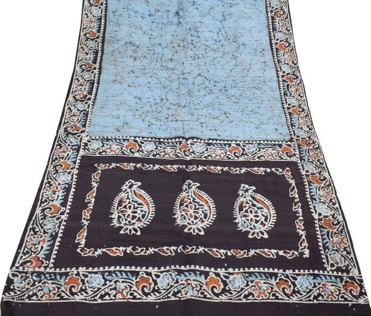 Sushila Vintage Grayish Blue Scrap Saree 100%Pure Silk Batik Printed Sari Fabric
