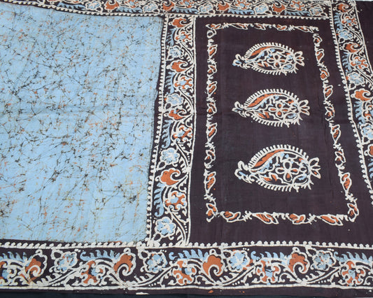 Sushila Vintage Grayish Blue Scrap Saree 100%Pure Silk Batik Printed Sari Fabric