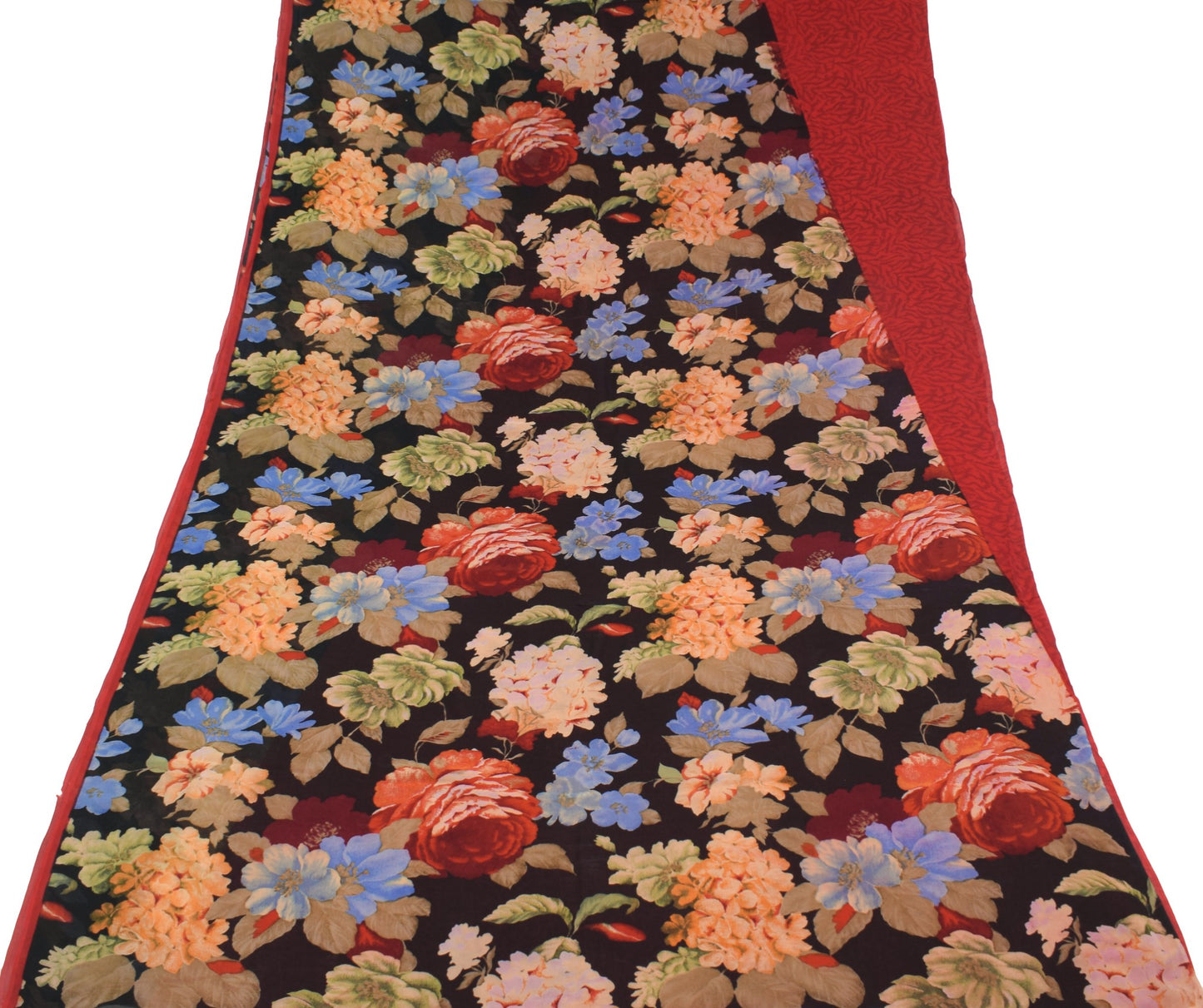 Sushila Vintage Red Floral Scrap Saree Pure Georgette Print Remnant Sari Fabric