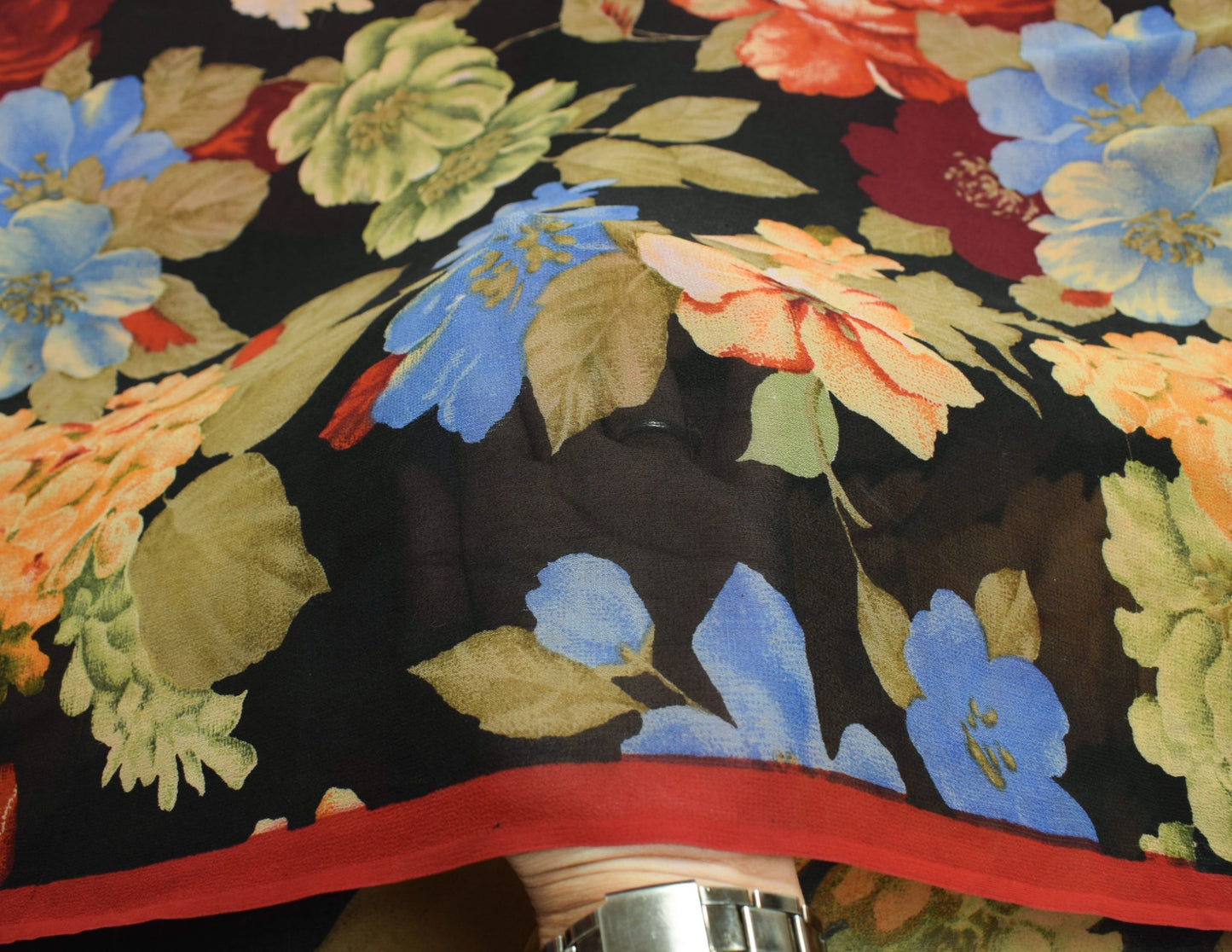 Sushila Vintage Red Floral Scrap Saree Pure Georgette Print Remnant Sari Fabric