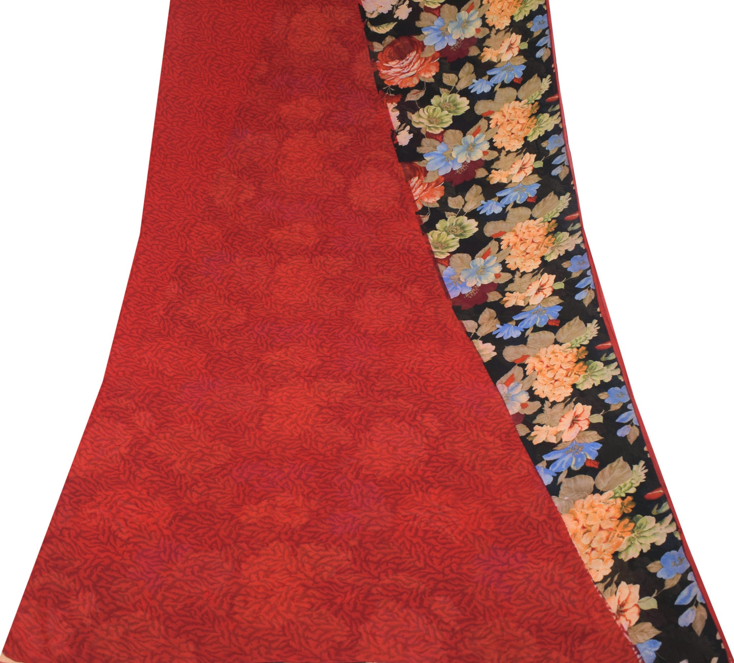 Sushila Vintage Red Floral Scrap Saree Pure Georgette Print Remnant Sari Fabric