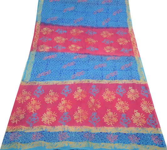 Sushila Vintage Pink Blue Scrap Saree Pure Georgette Printed Floral Sari Fabric