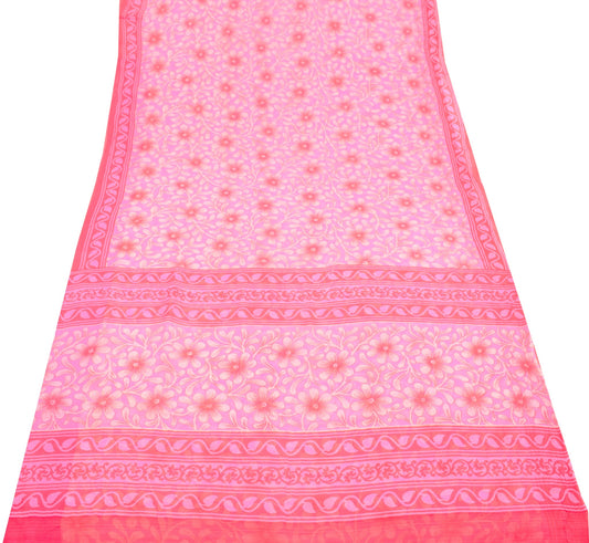 Sushila Vintage Light Purple Scrap Saree Pure Chiffon Printed Floral Sari Fabric