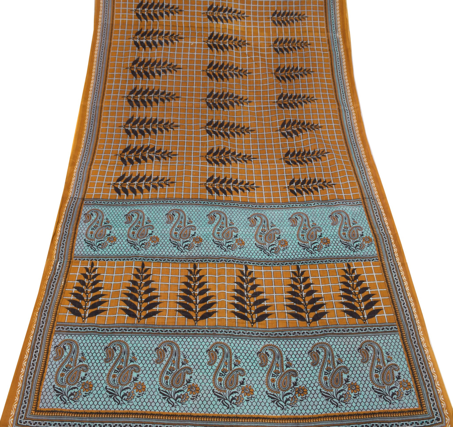 Sushila Vintage Mustard Scrap Saree Pure Cotton Printed Checks Sari Craft Fabric