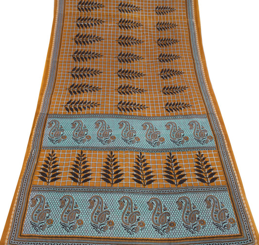 Sushila Vintage Mustard Scrap Saree Pure Cotton Printed Checks Sari Craft Fabric