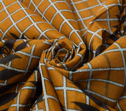Sushila Vintage Mustard Scrap Saree Pure Cotton Printed Checks Sari Craft Fabric