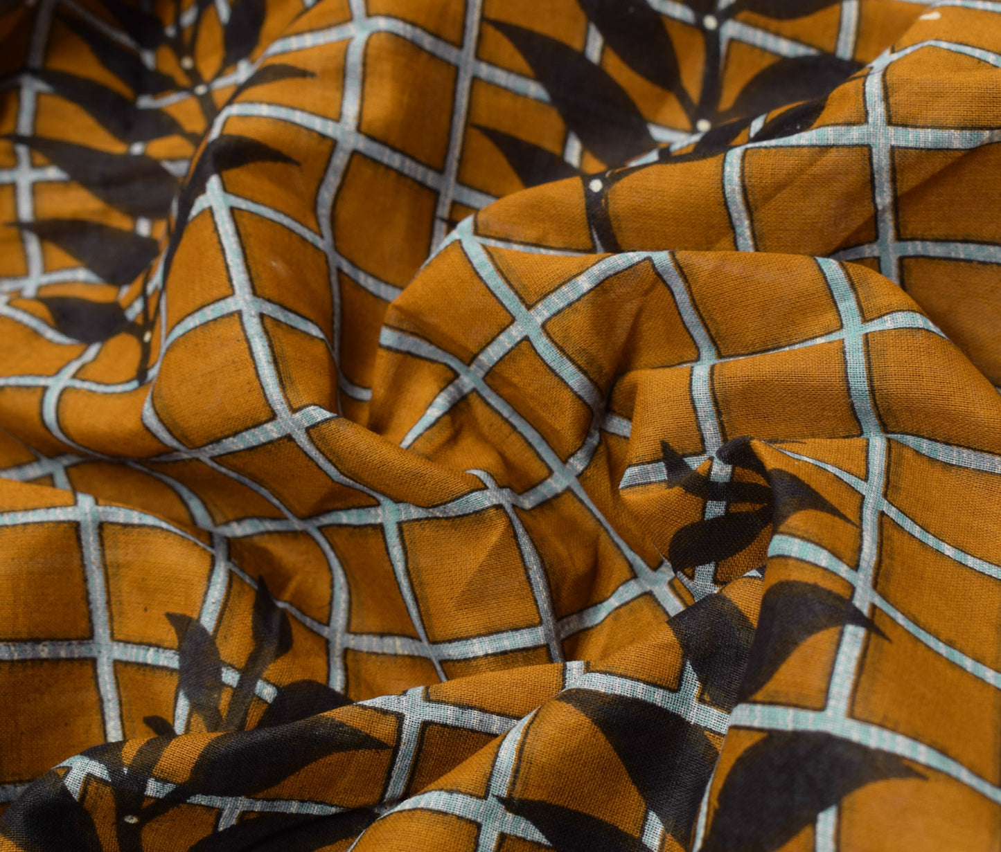 Sushila Vintage Mustard Scrap Saree Pure Cotton Printed Checks Sari Craft Fabric