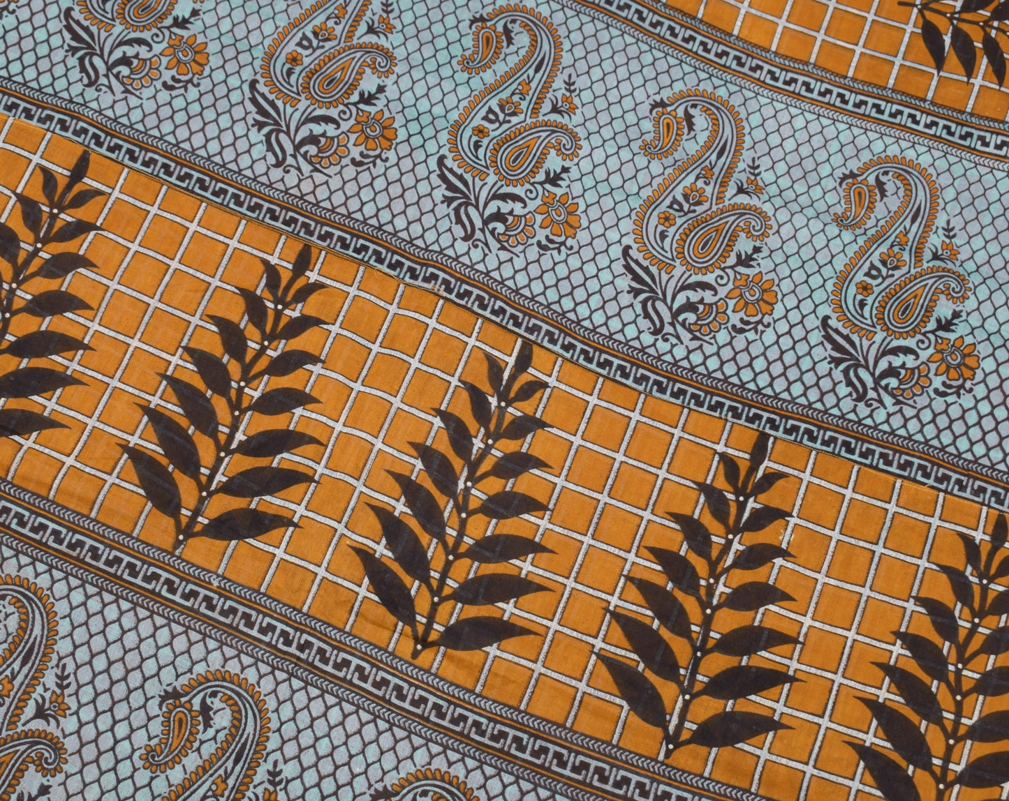 Sushila Vintage Mustard Scrap Saree Pure Cotton Printed Checks Sari Craft Fabric