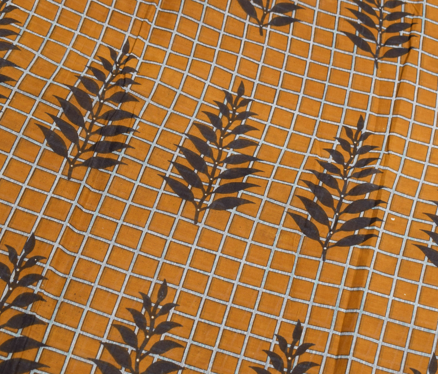 Sushila Vintage Mustard Scrap Saree Pure Cotton Printed Checks Sari Craft Fabric