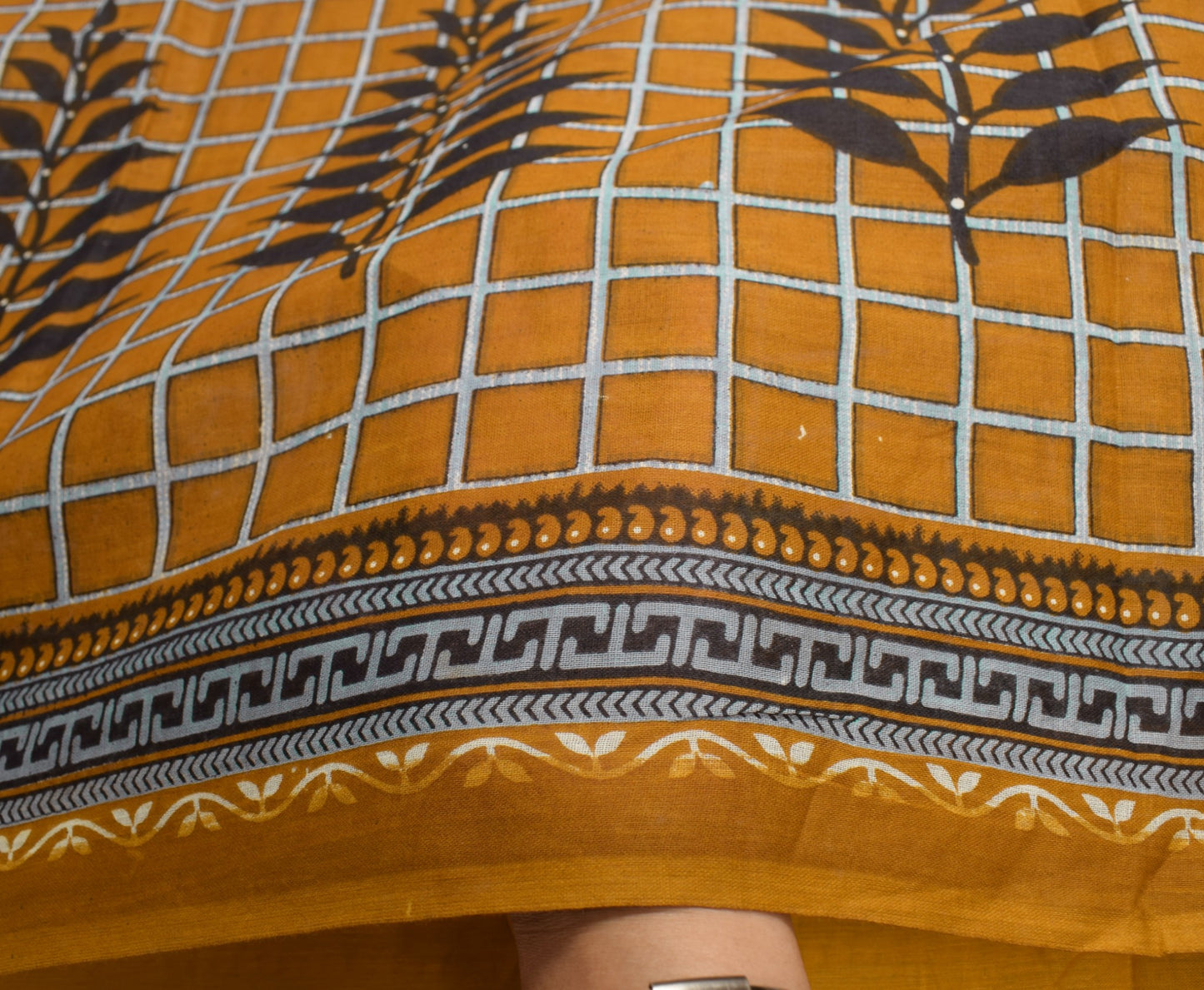 Sushila Vintage Mustard Scrap Saree Pure Cotton Printed Checks Sari Craft Fabric