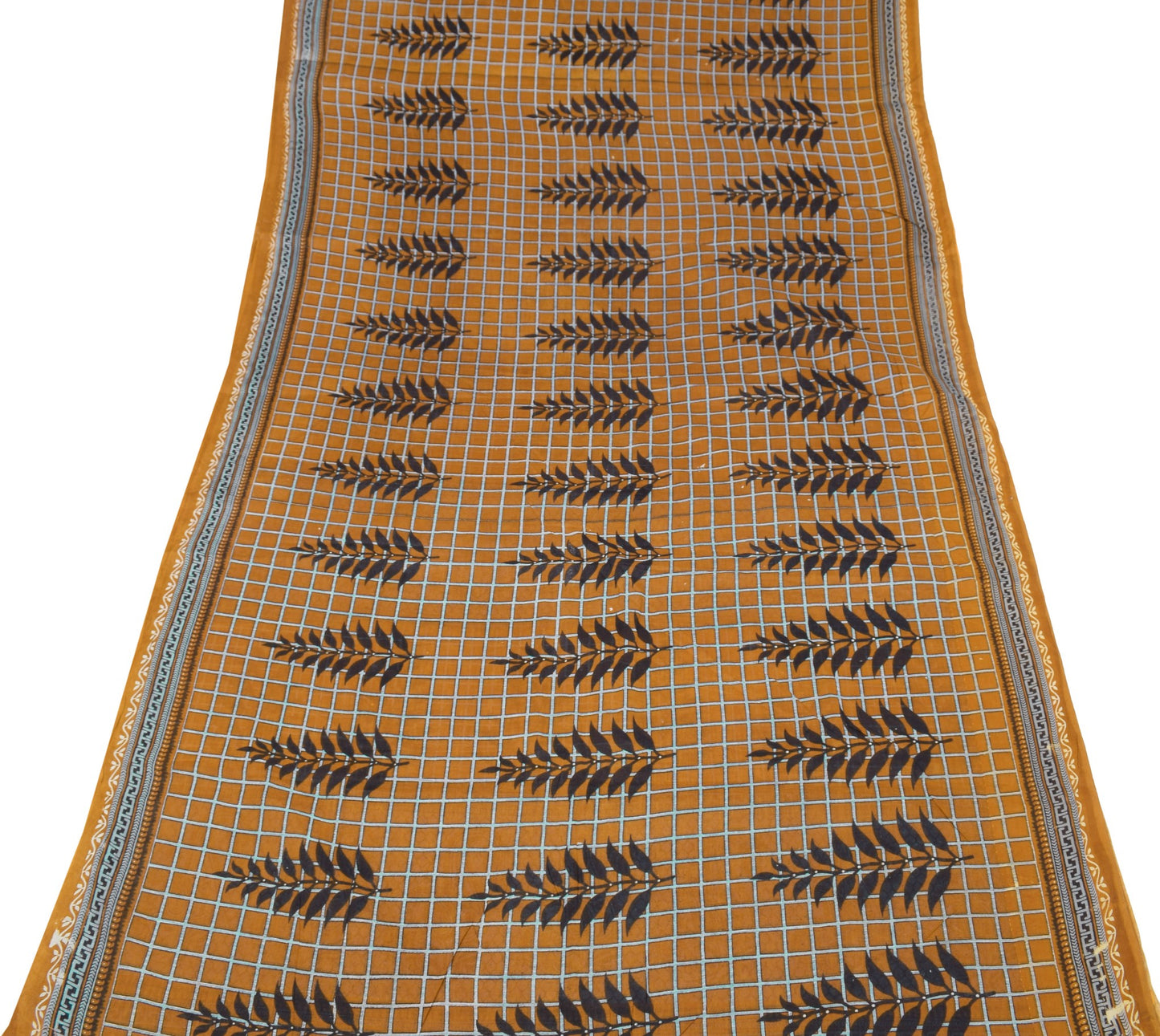Sushila Vintage Mustard Scrap Saree Pure Cotton Printed Checks Sari Craft Fabric