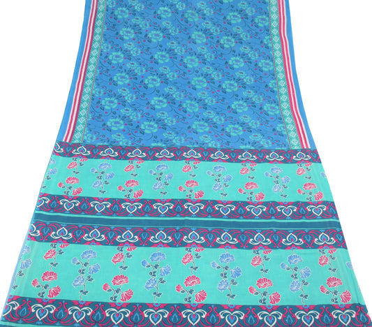 Sushila Vintage Turquoise Blue Scrap Saree PureCotton Printed Floral Sari Fabric
