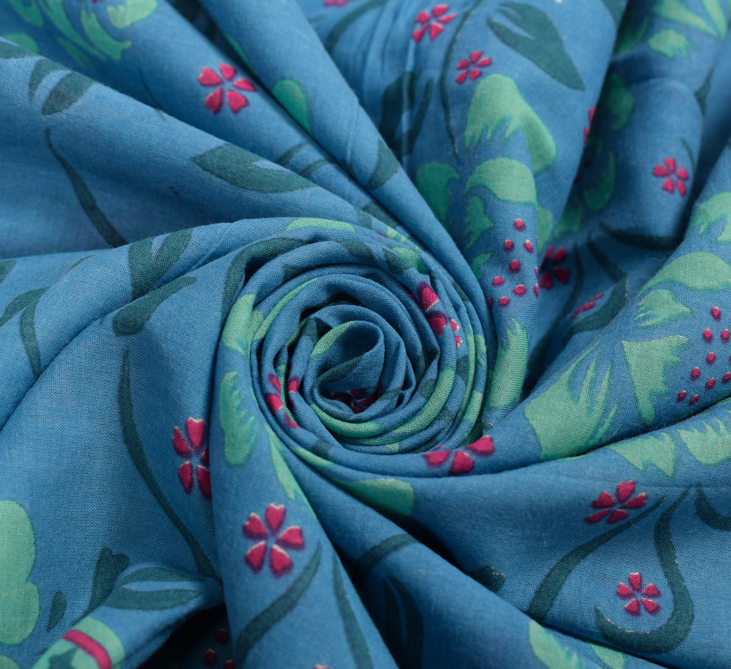 Sushila Vintage Turquoise Blue Scrap Saree PureCotton Printed Floral Sari Fabric