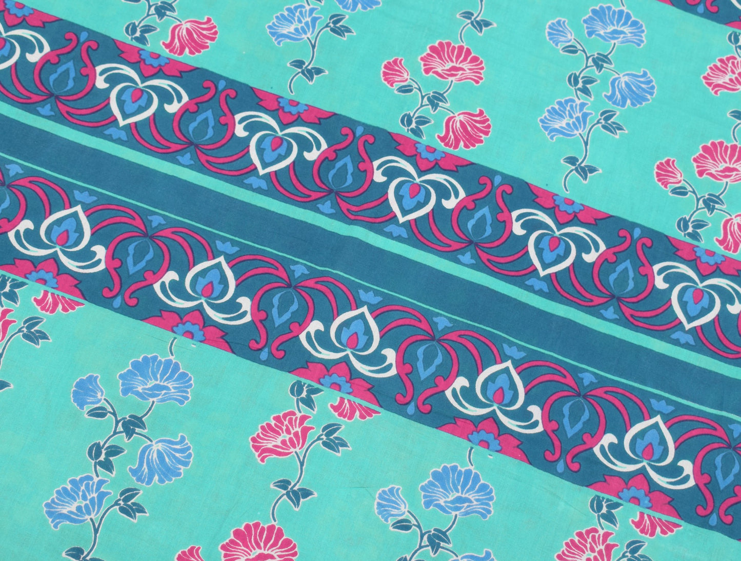 Sushila Vintage Turquoise Blue Scrap Saree PureCotton Printed Floral Sari Fabric