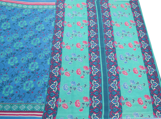 Sushila Vintage Turquoise Blue Scrap Saree PureCotton Printed Floral Sari Fabric
