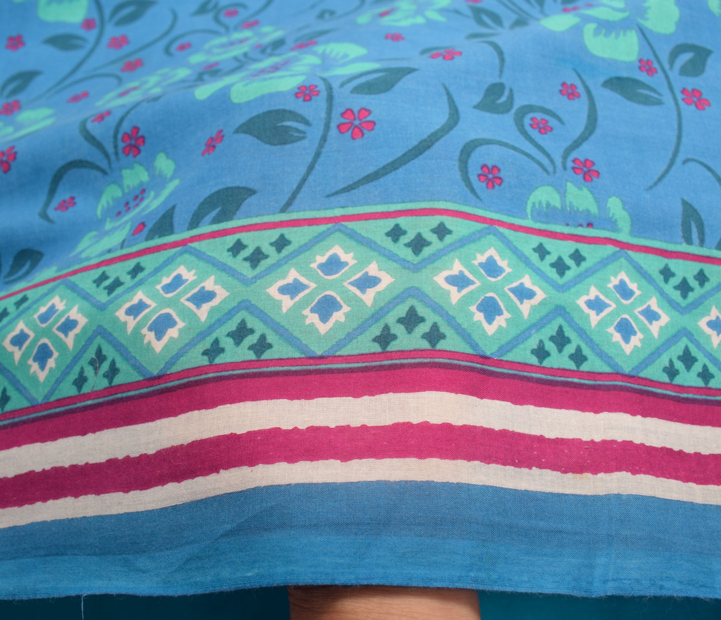 Sushila Vintage Turquoise Blue Scrap Saree PureCotton Printed Floral Sari Fabric