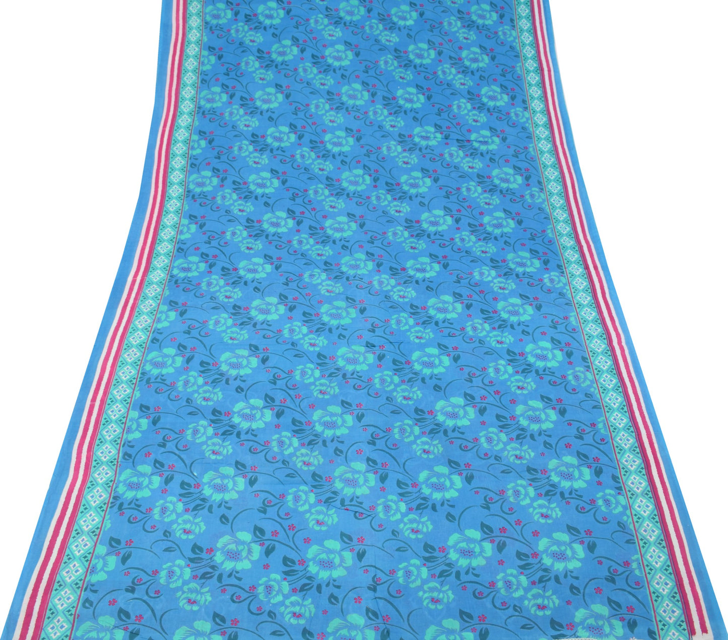 Sushila Vintage Turquoise Blue Scrap Saree PureCotton Printed Floral Sari Fabric