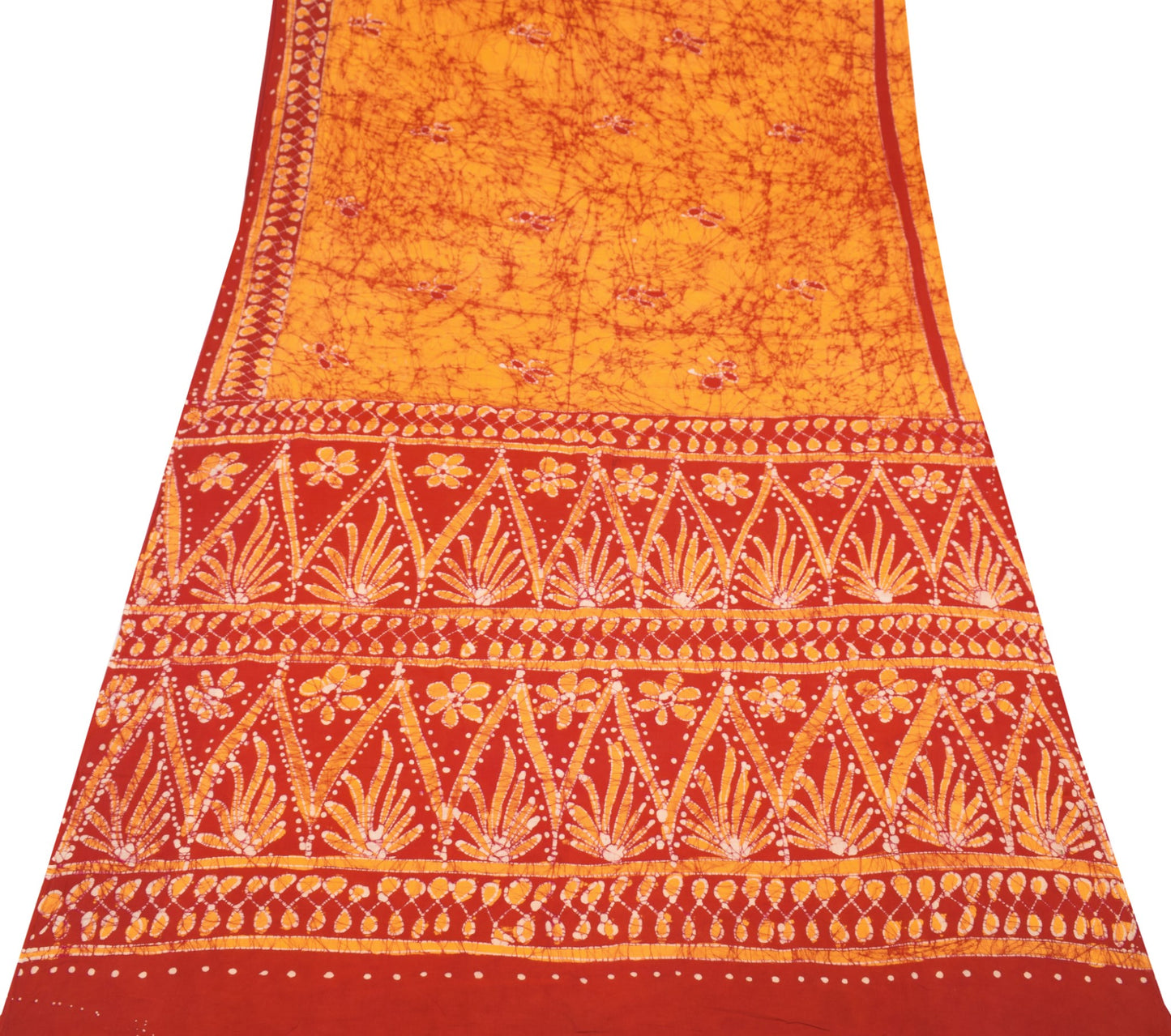 Sushila Vintage Orange Scrap Saree Pure Cotton Batik Printed Sari Remnant Fabric