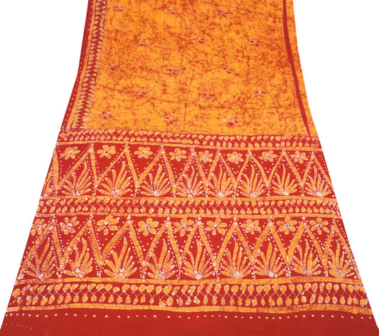 Sushila Vintage Orange Scrap Saree Pure Cotton Batik Printed Sari Remnant Fabric