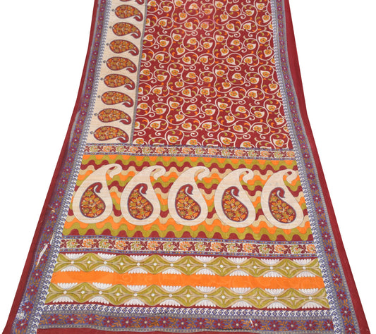 Sushila Vintage Maroon Scrap Saree Pure Cotton Printed Floral Sari Craft Fabric