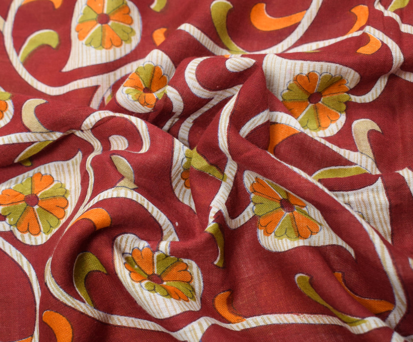 Sushila Vintage Maroon Scrap Saree Pure Cotton Printed Floral Sari Craft Fabric