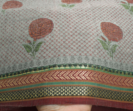 Sushila Vintage Gray Scrap Saree Pure Cotton Print with Woven Border Sari Fabric