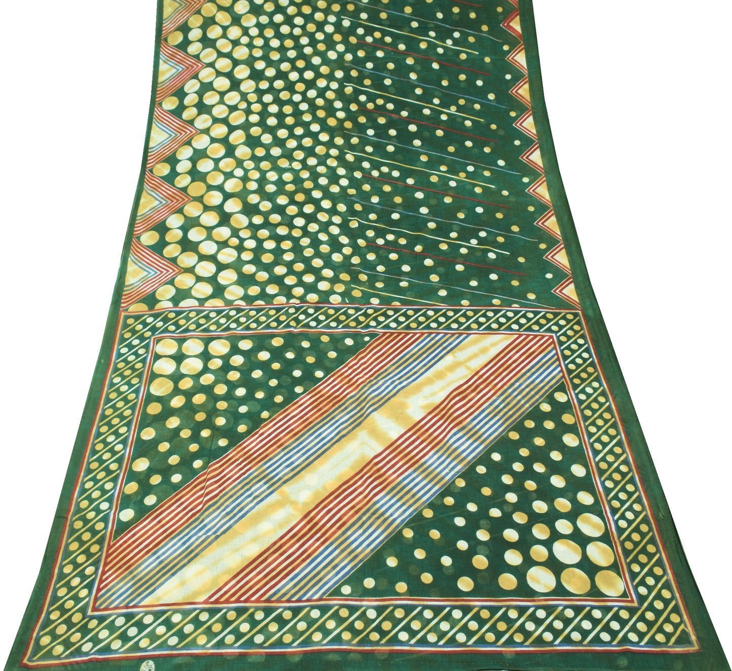 Sushila Vintage Dark Green Scrap Saree Pure Cotton Printed Polka Dot Sari Fabric
