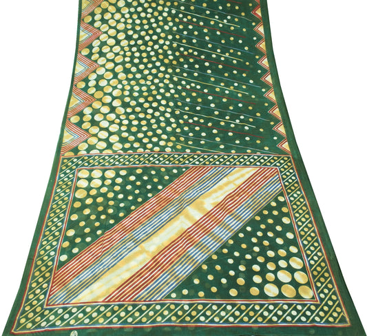 Sushila Vintage Dark Green Scrap Saree Pure Cotton Printed Polka Dot Sari Fabric