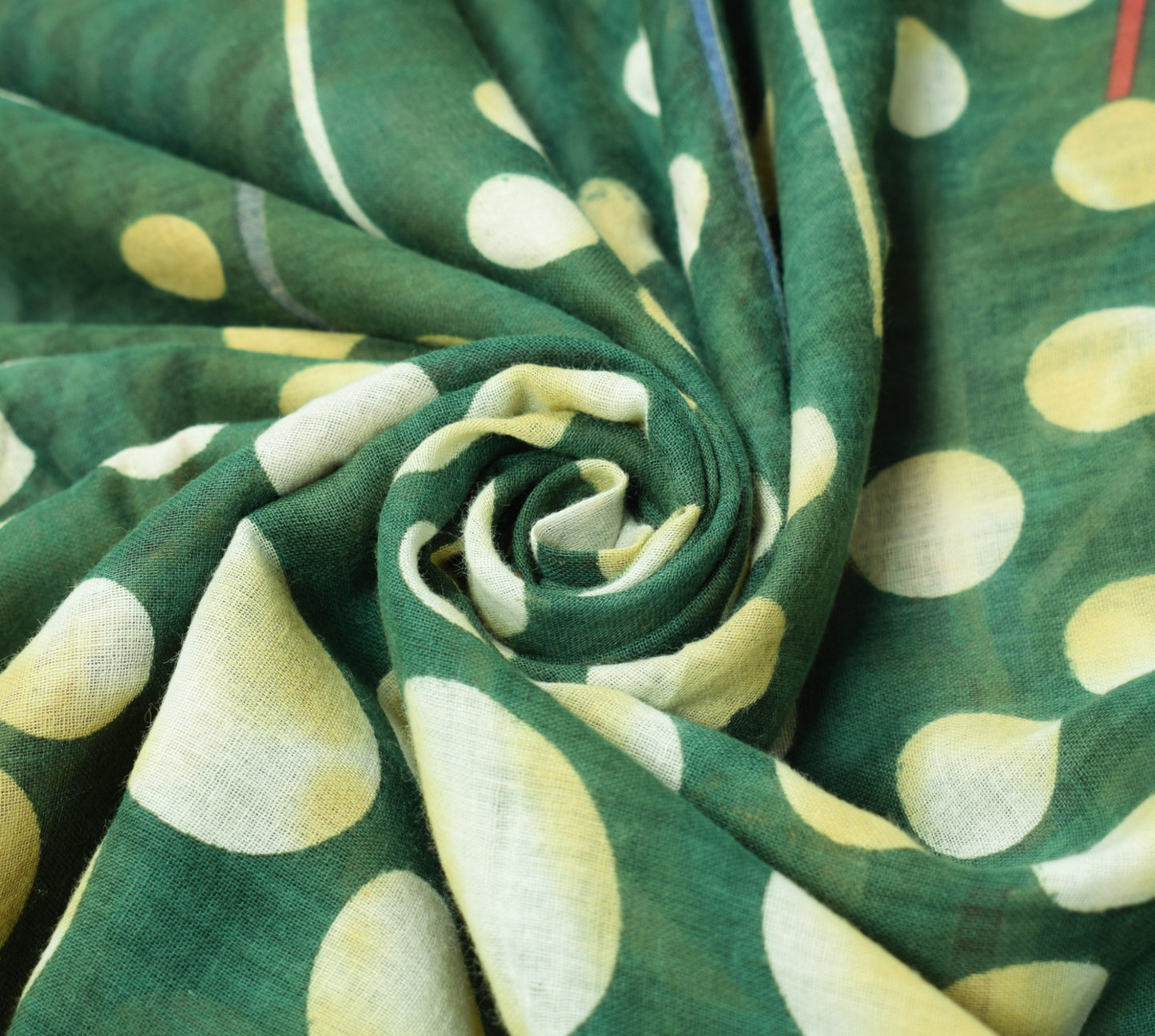 Sushila Vintage Dark Green Scrap Saree Pure Cotton Printed Polka Dot Sari Fabric
