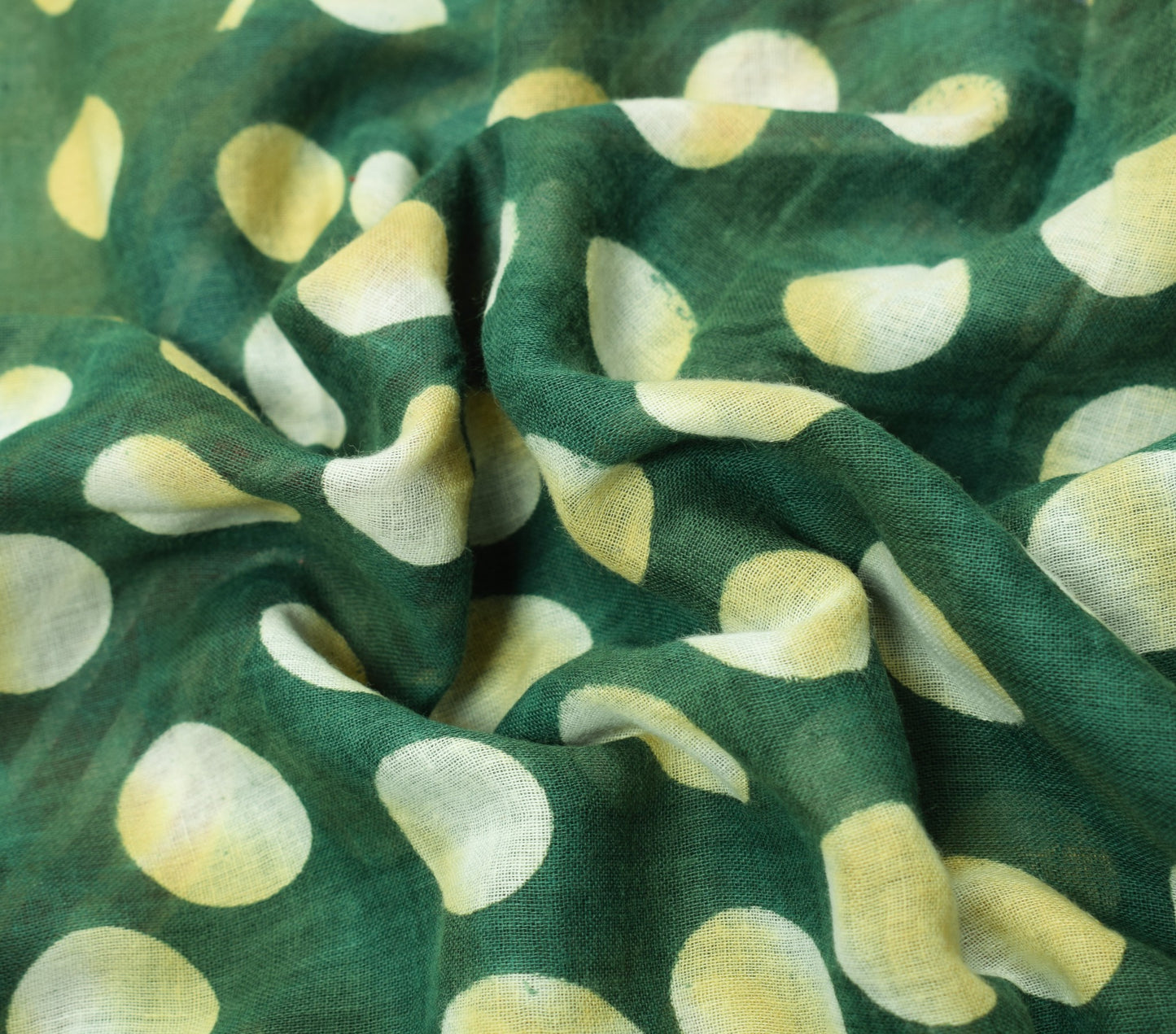 Sushila Vintage Dark Green Scrap Saree Pure Cotton Printed Polka Dot Sari Fabric