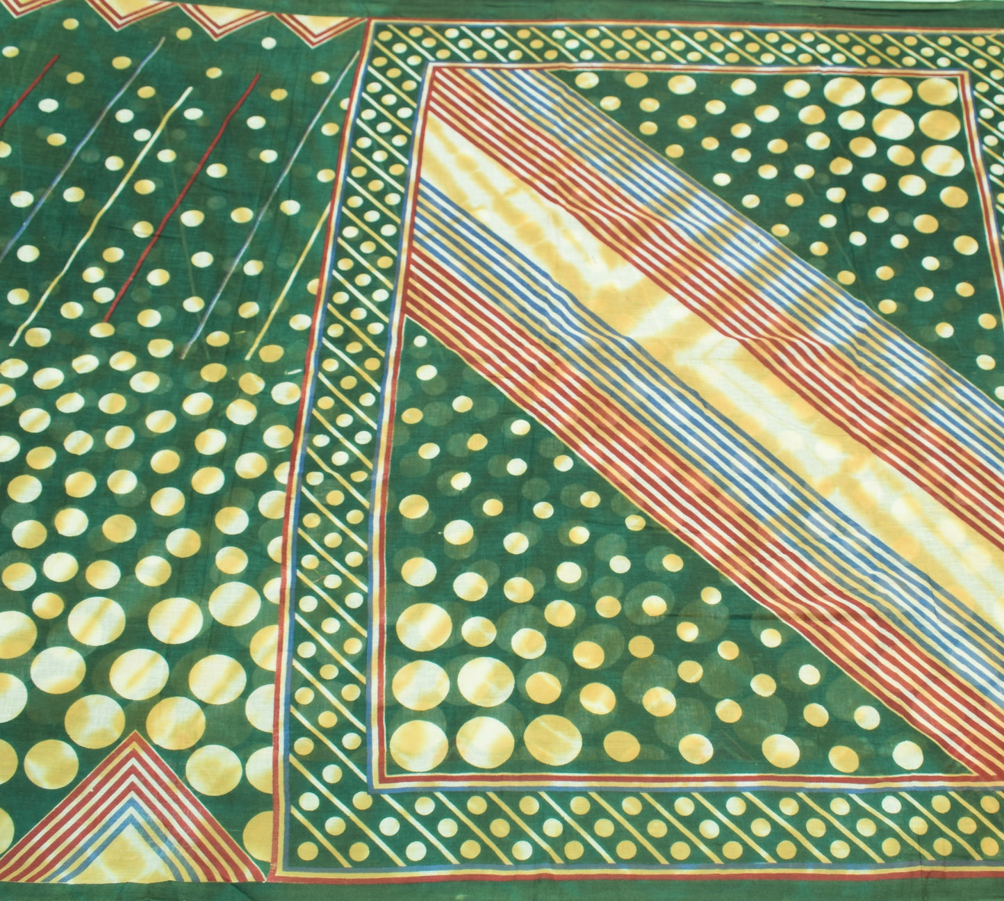 Sushila Vintage Dark Green Scrap Saree Pure Cotton Printed Polka Dot Sari Fabric