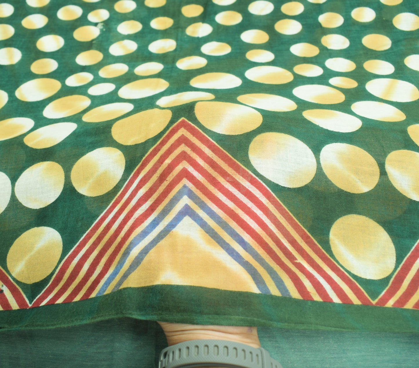 Sushila Vintage Dark Green Scrap Saree Pure Cotton Printed Polka Dot Sari Fabric