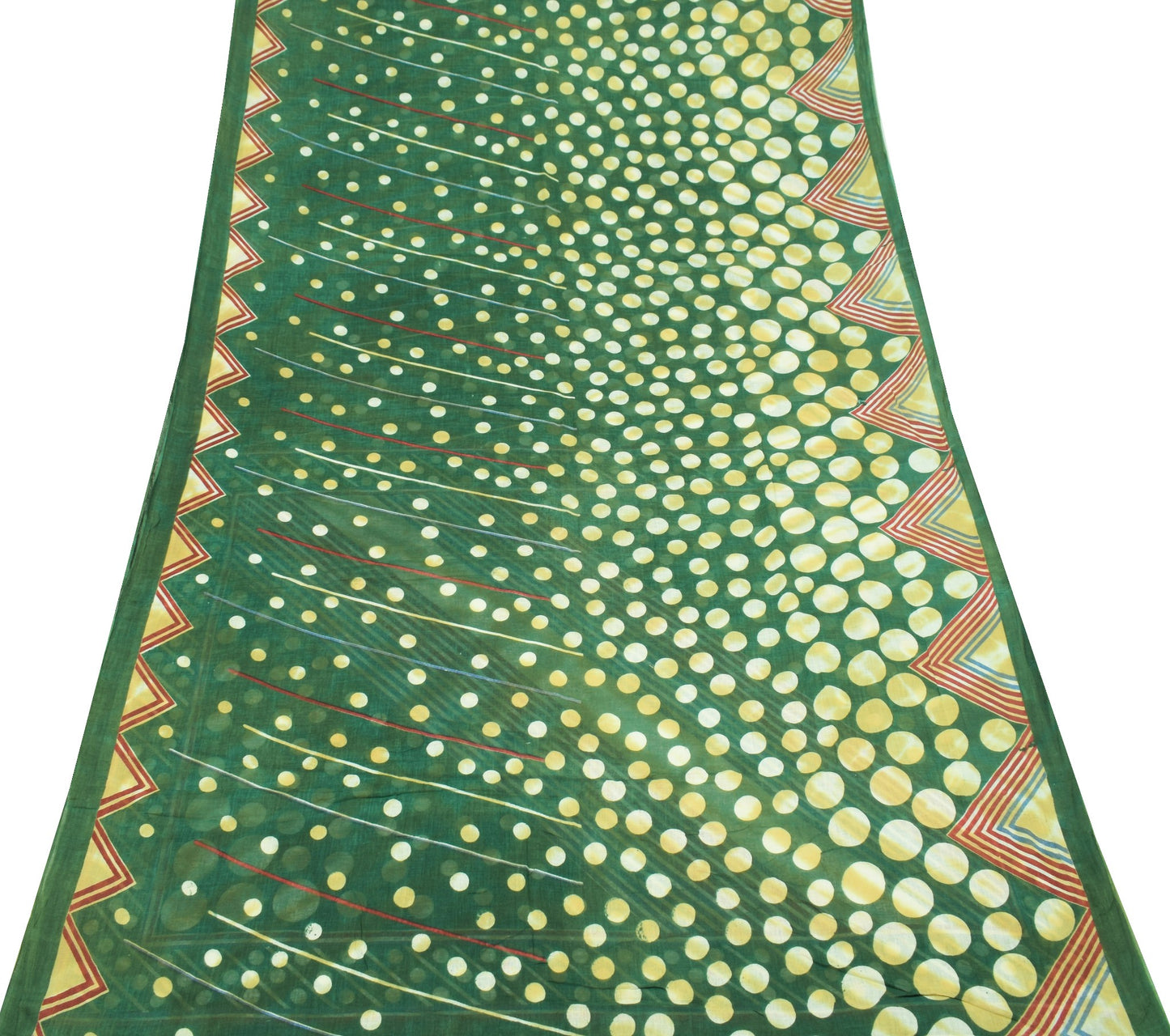 Sushila Vintage Dark Green Scrap Saree Pure Cotton Printed Polka Dot Sari Fabric