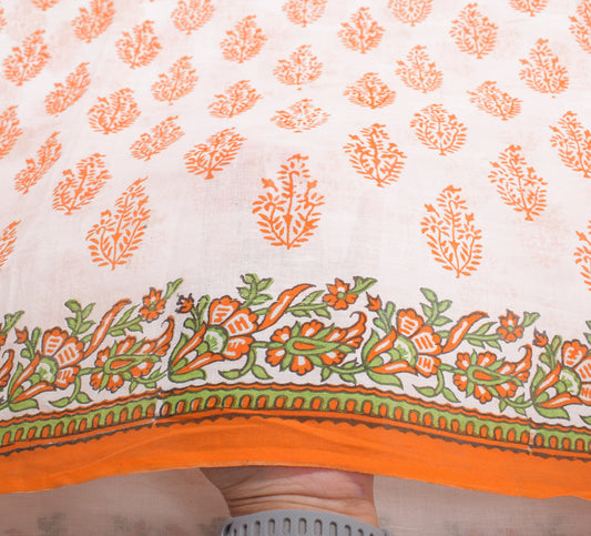 Sushila Vintage Hand Block Scrap Saree Pure Cotton Printed White Sari Fabric