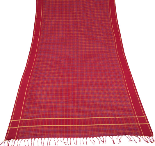 Sushila Vintage Maroon Scrap Saree Pure Cotton Hand Woven Checks Sari Fabric