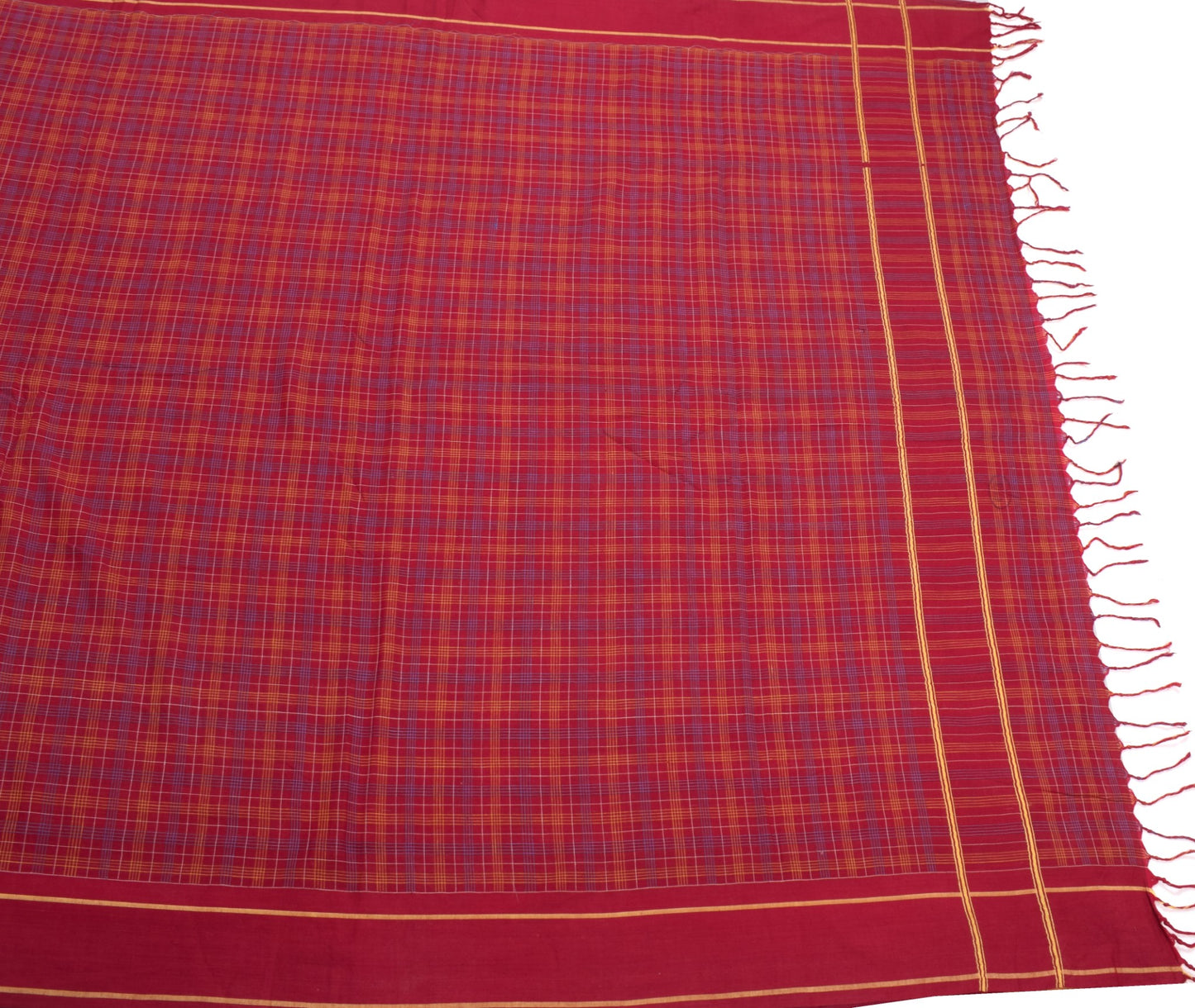 Sushila Vintage Maroon Scrap Saree Pure Cotton Hand Woven Checks Sari Fabric