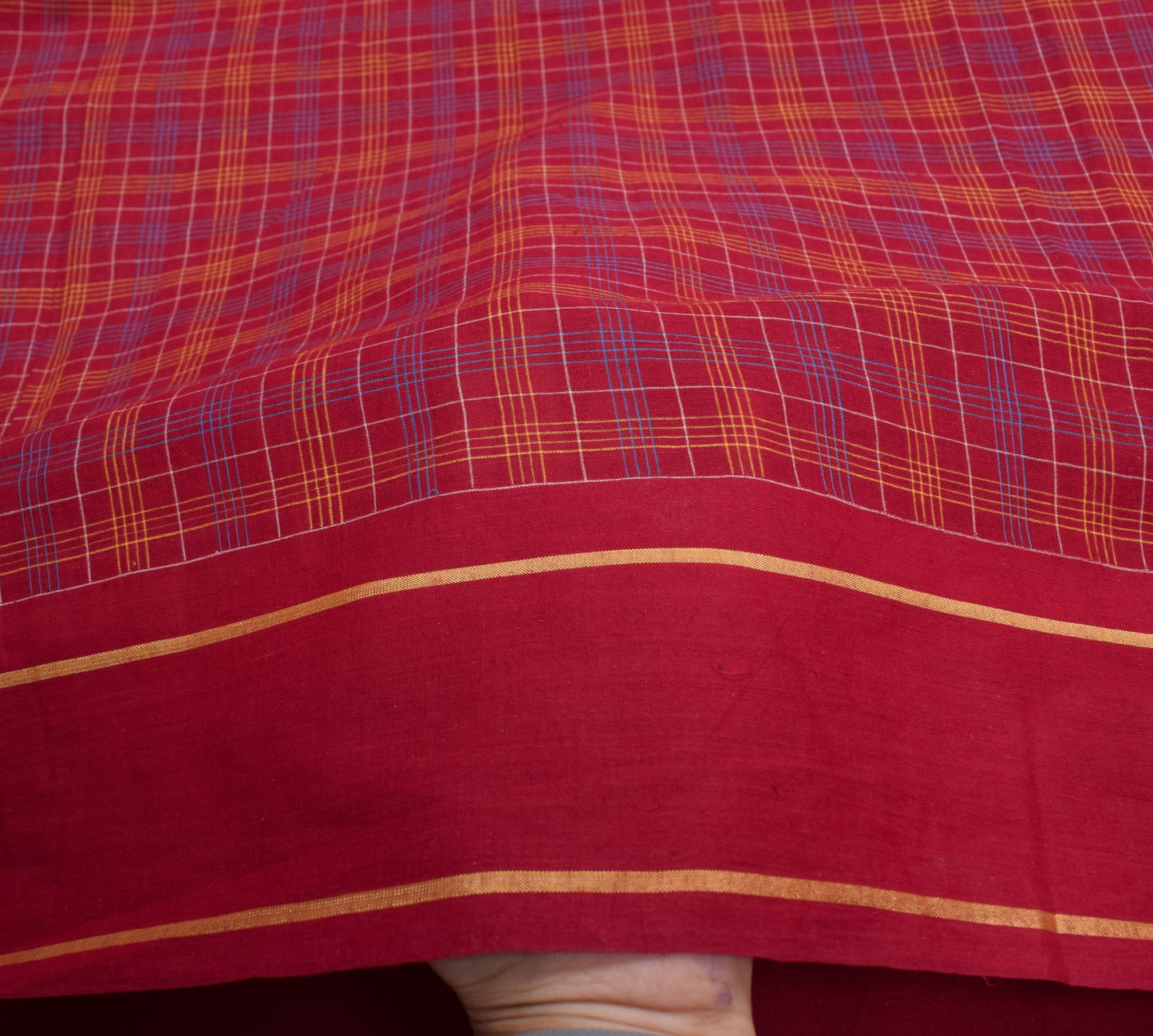 Sushila Vintage Maroon Scrap Saree Pure Cotton Hand Woven Checks Sari Fabric
