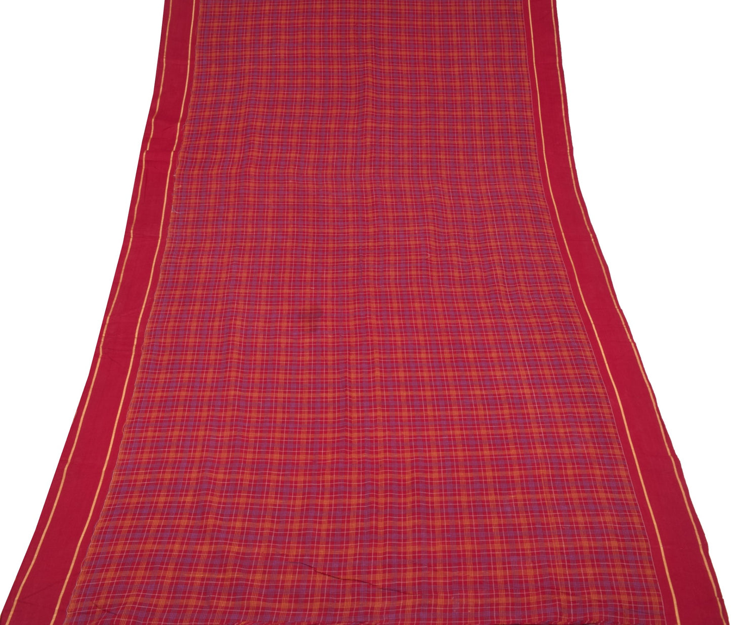 Sushila Vintage Maroon Scrap Saree Pure Cotton Hand Woven Checks Sari Fabric