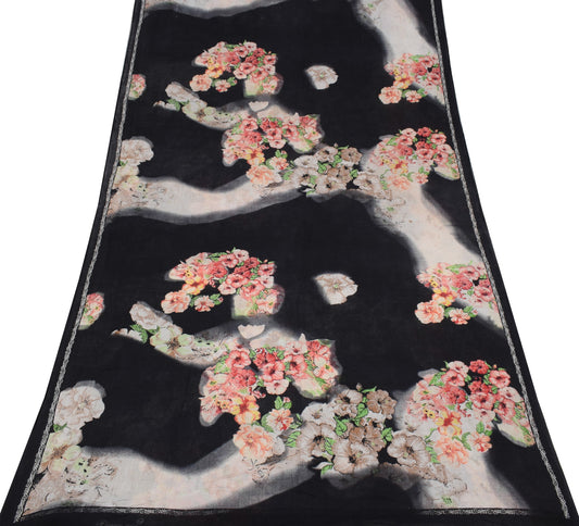 Sushila Vintage Black Scrap Saree Pure Cotton Digital Printed Sari Craft Fabric